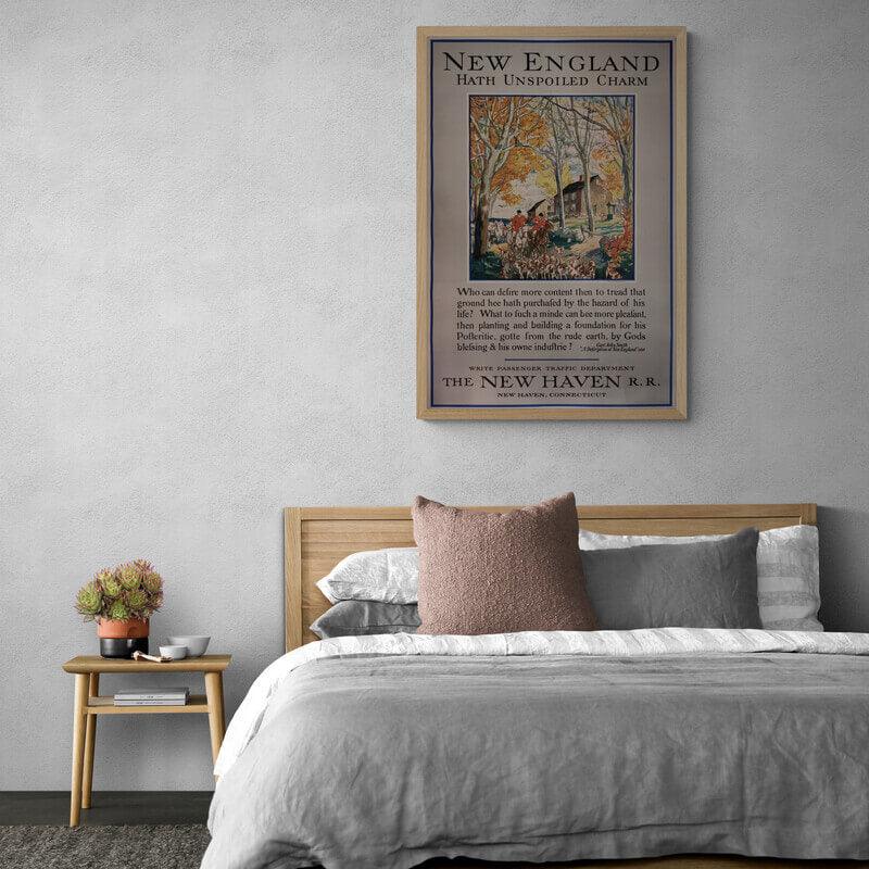 New_England_Comfy_bedroom_with_wooden_bed_and_side_table